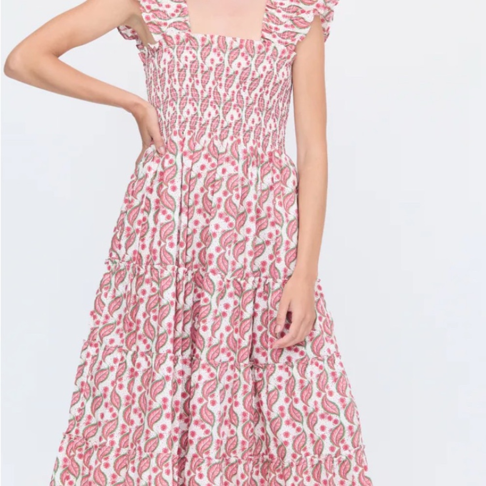 Hill House Pink and White Smocked Midi Dress